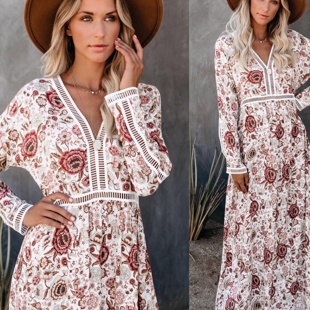 Long Sleeve Floral Maxi Dress with Lace Trim - White & Rose